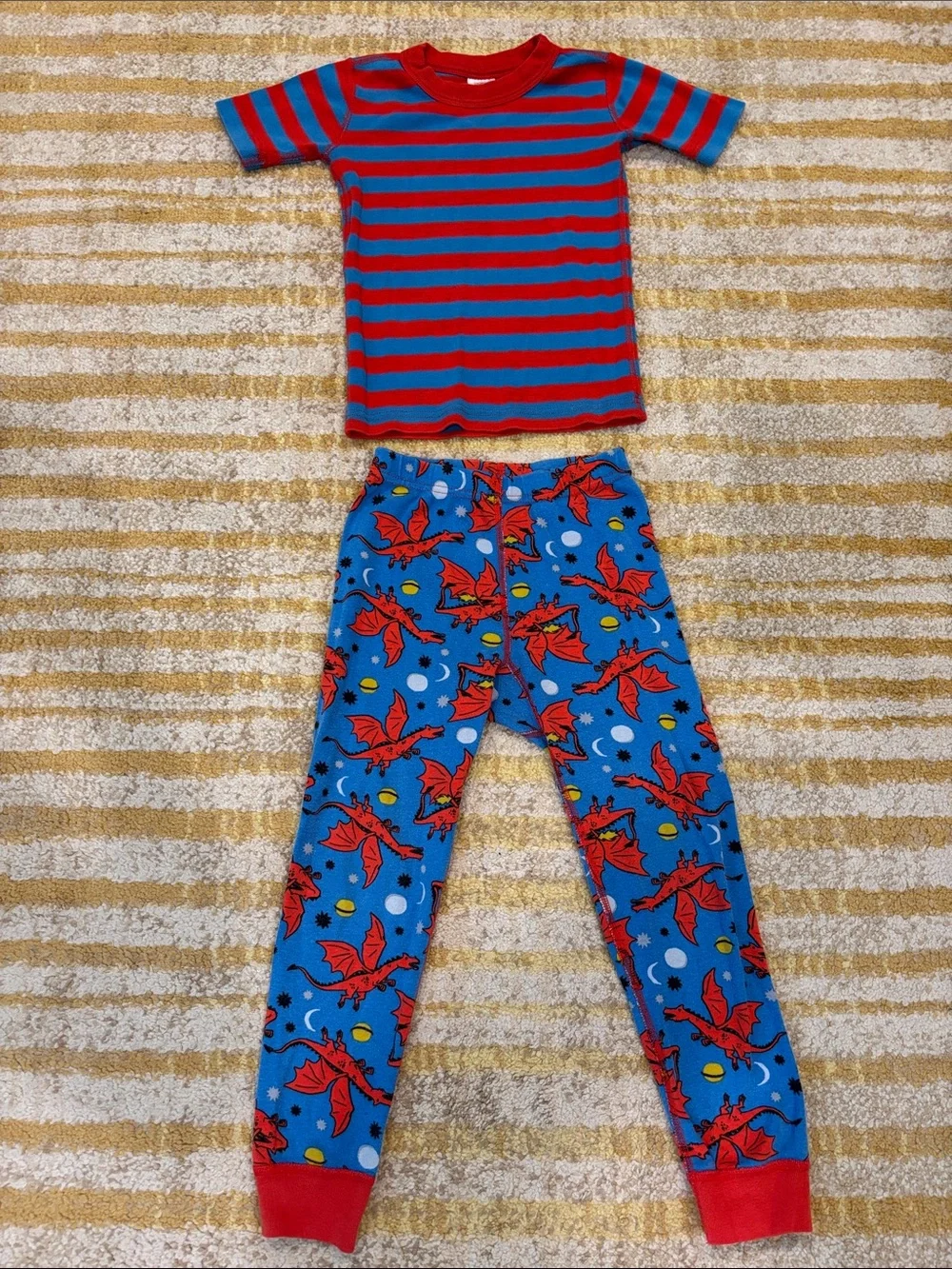 Hanna Andersson Red & Blue Striped Kids Pajama Set with Dragon Print size 5